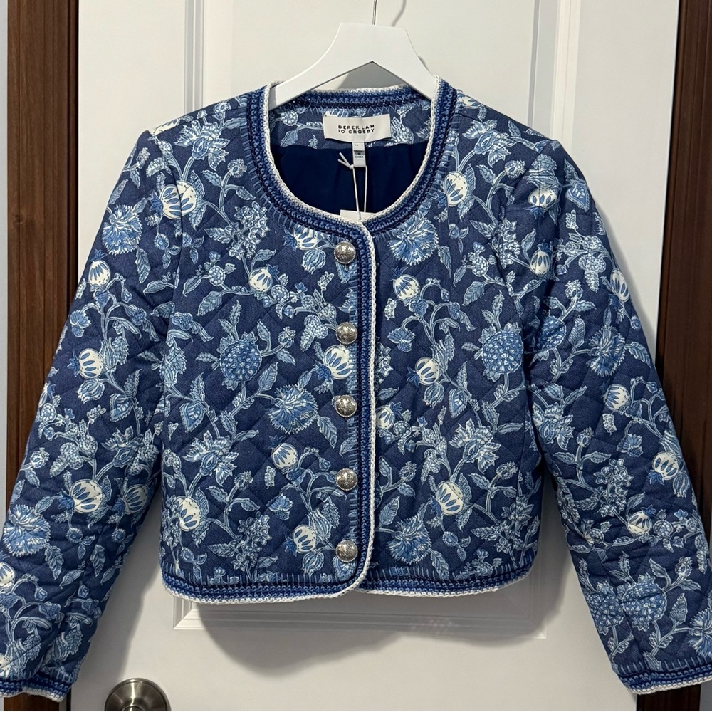 NWT Derek Lam Aster Quilted Jacket Size 12 in Blue Floral Cotton Blend